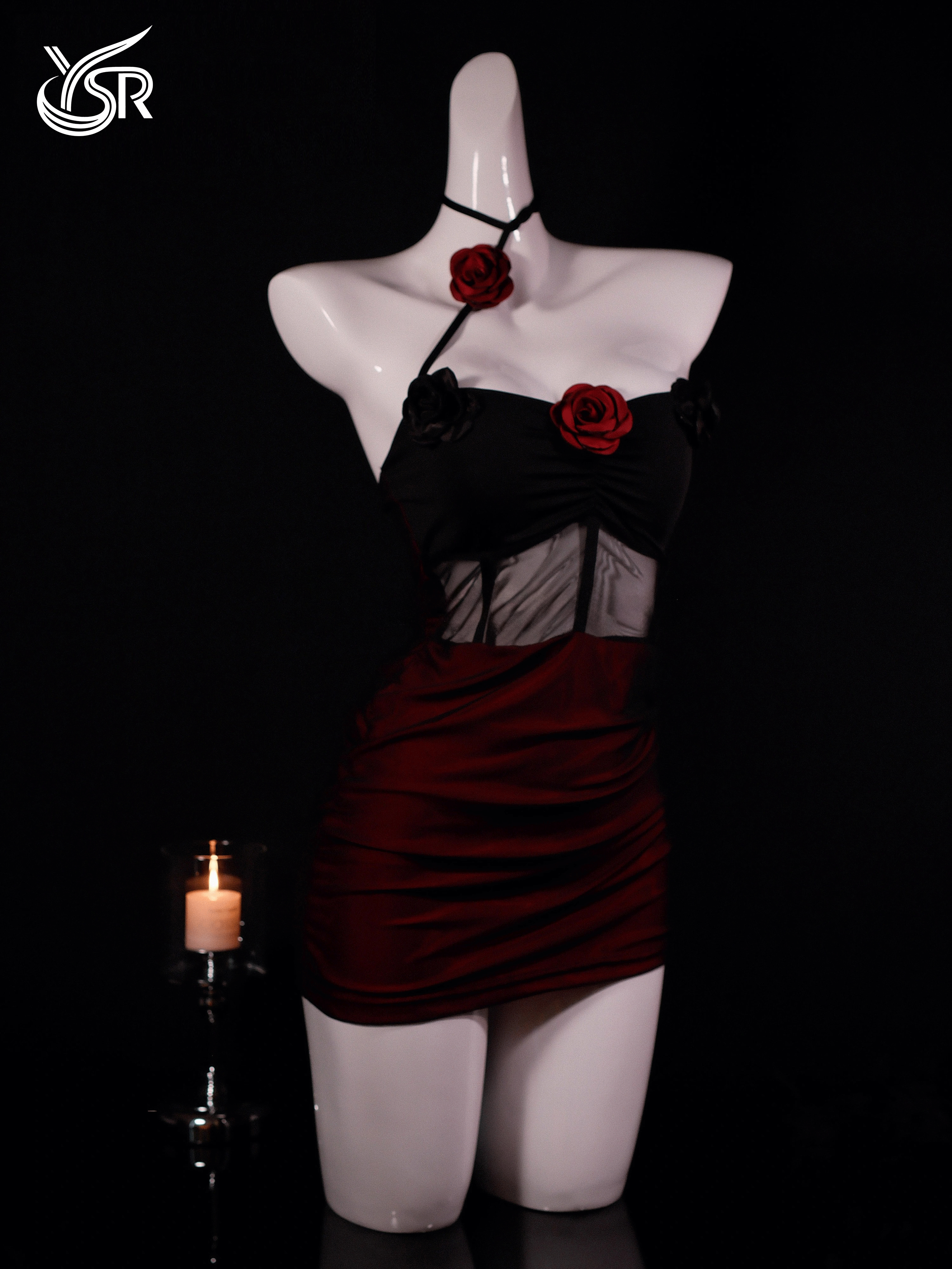 YSR Night Rose Lace Mesh Off-Shoulder Sleeveless Lace-up Sexy Fitted Nightgown Pure Desire Eroticwear
