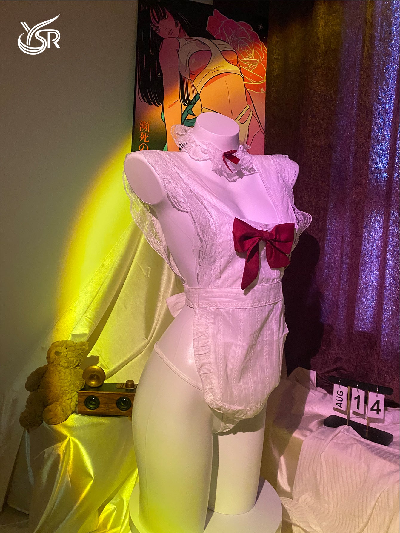 Sexy sleepwear, maid uniform, see through bow nightgown, cosplay, high-end kitchen maid lingerie