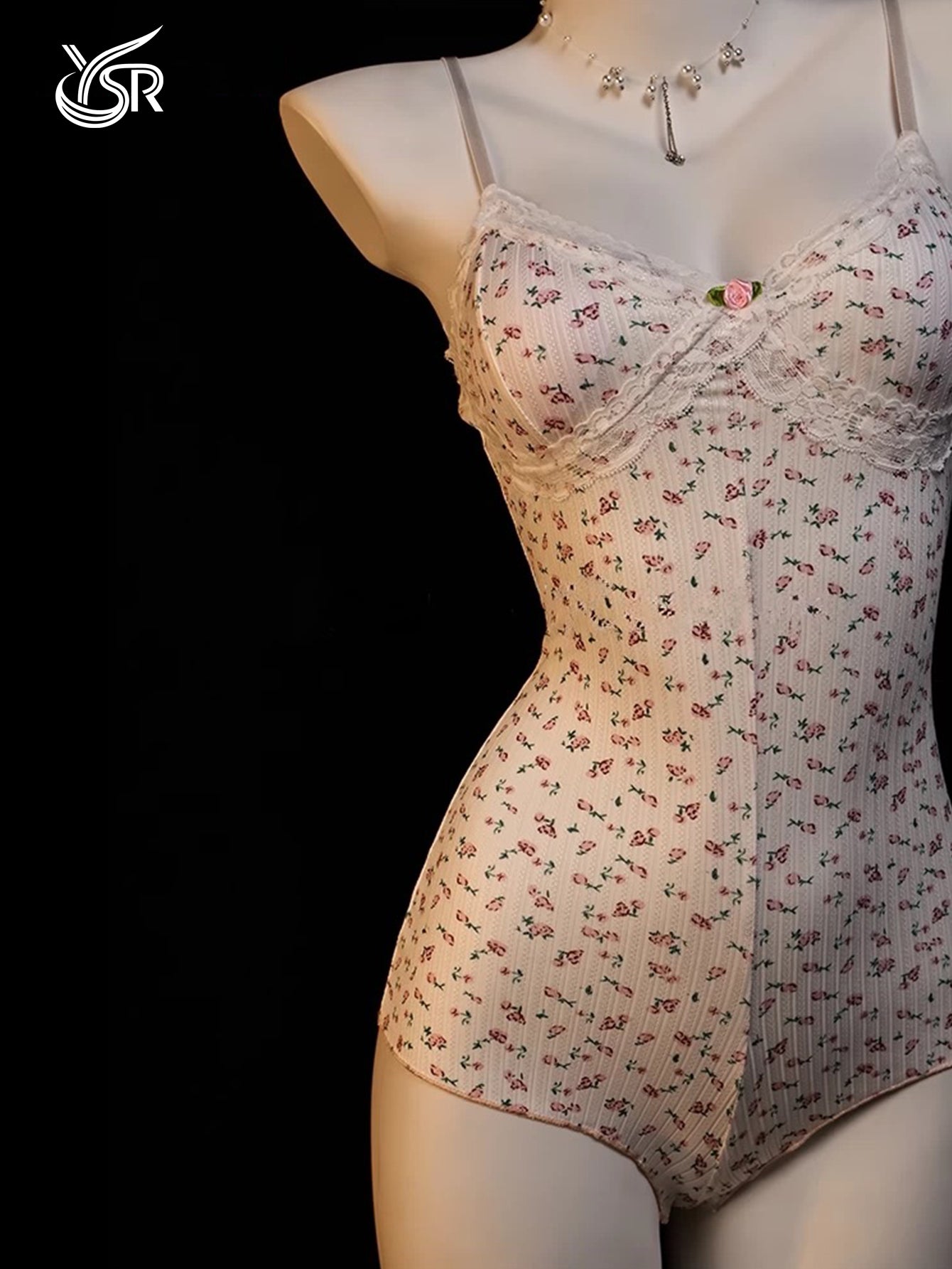 Roseberrry Sweetheart Sweet Floral Blossoms with Chest Cushion, Hip Wrapping Sleeping Skirt, Sexy Lace V-neck Girl's Pajama