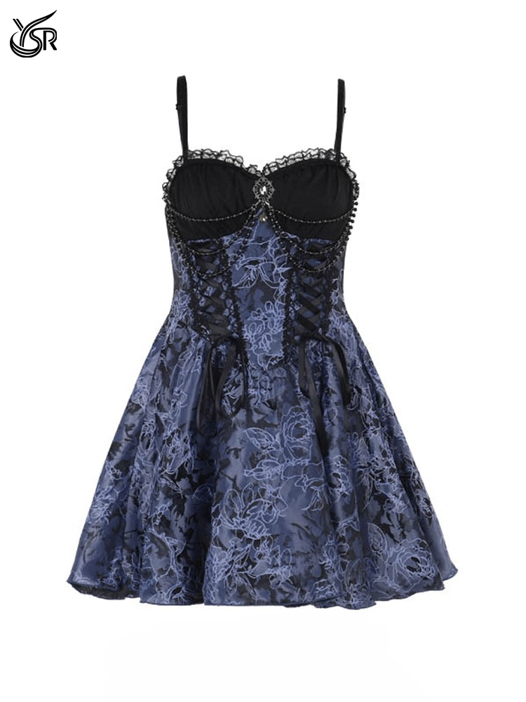 Dark retro gothic lace patchwork jacquard suspender dress