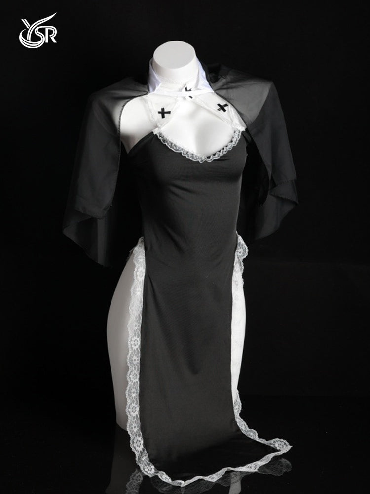Nun costume cosplay pure desire sexy tight cross Halloween uniform pure desire high slit lace cheongsam dress