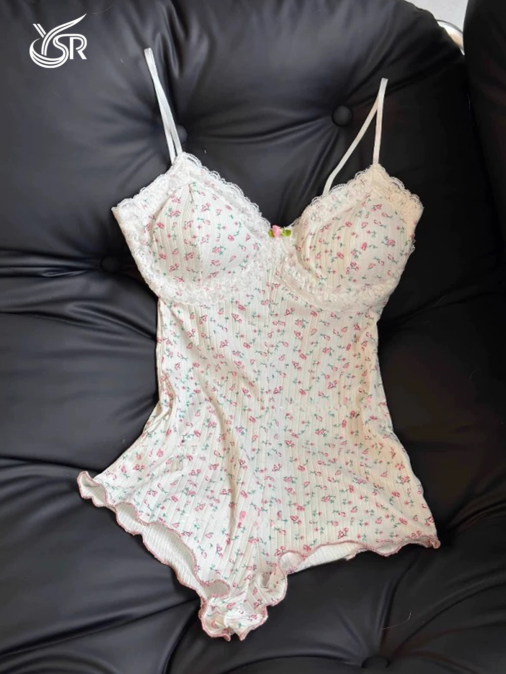 Roseberrry Sweetheart Sweet Floral Blossoms with Chest Cushion, Hip Wrapping Sleeping Skirt, Sexy Lace V-neck Girl's Pajama