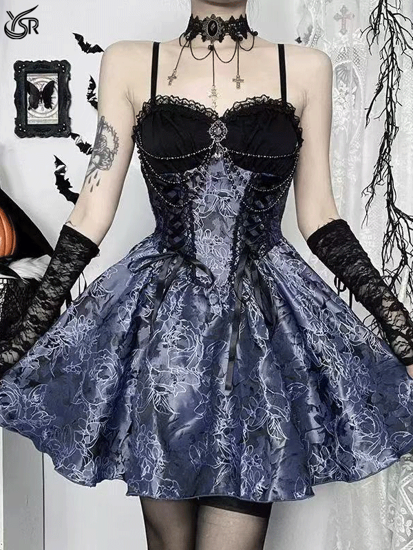 Dark retro gothic lace patchwork jacquard suspender dress