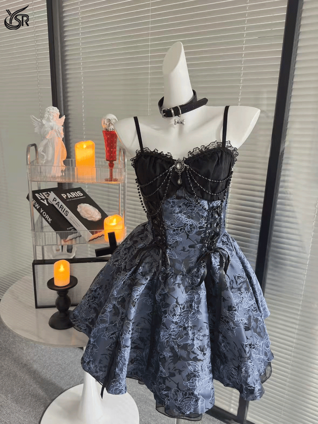 Dark retro gothic lace patchwork jacquard suspender dress
