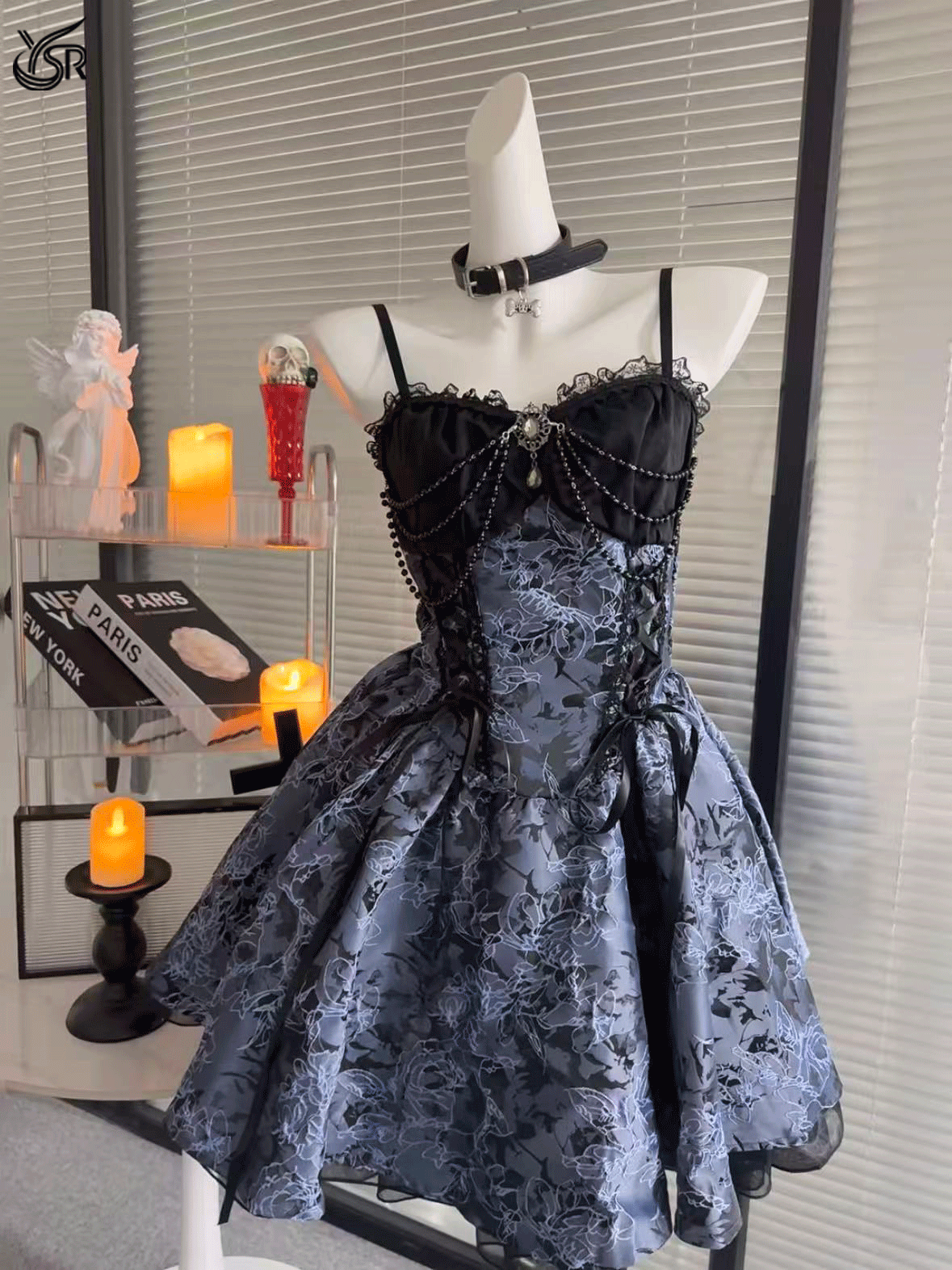Dark retro gothic lace patchwork jacquard suspender dress
