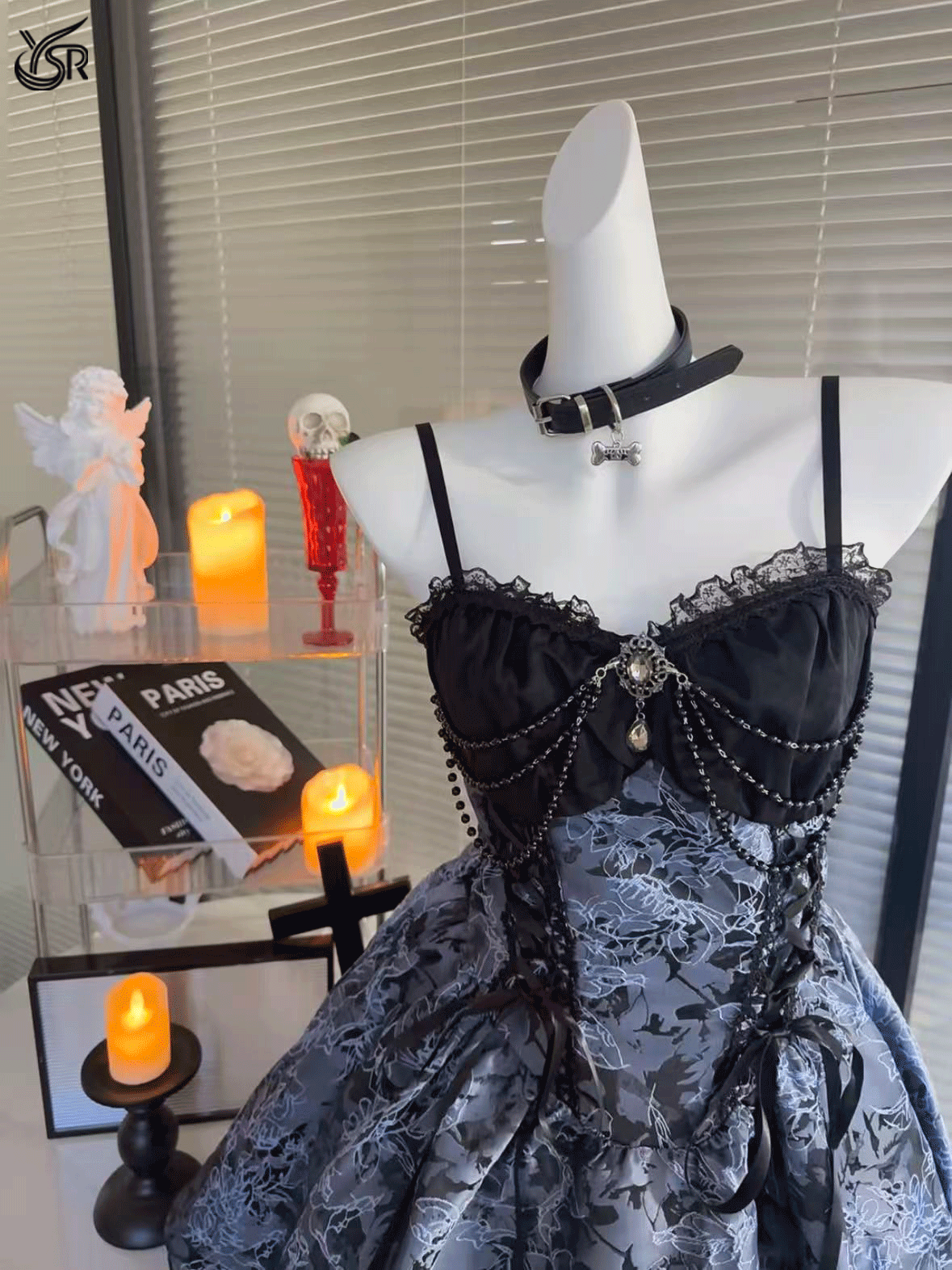 Dark retro gothic lace patchwork jacquard suspender dress