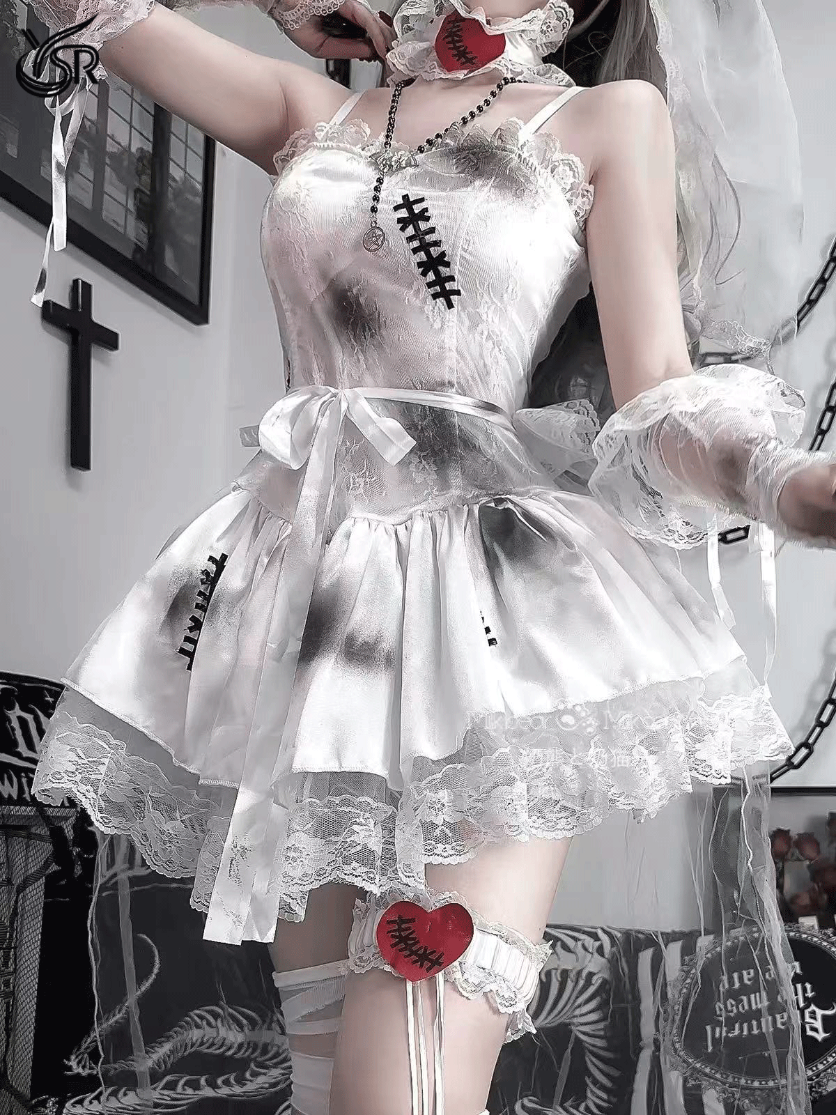 Cosplay Puppet Bride (Headveil+Neck Ring+Dress+Gloves * 2+Leg Rings * 1)