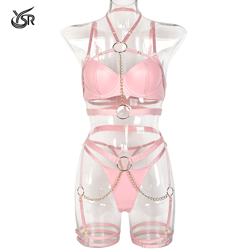 Spicy girl with leather cloth and steel ring, sexy hanging neck, gathering underwear set for women