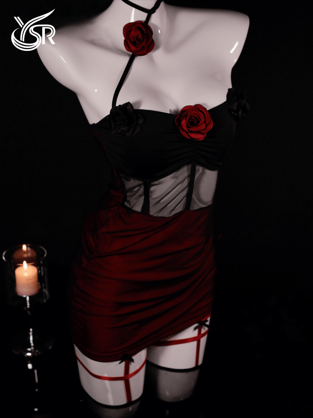 YSR Night Rose Lace Mesh Off-Shoulder Sleeveless Lace-up Sexy Fitted Nightgown Pure Desire Eroticwear