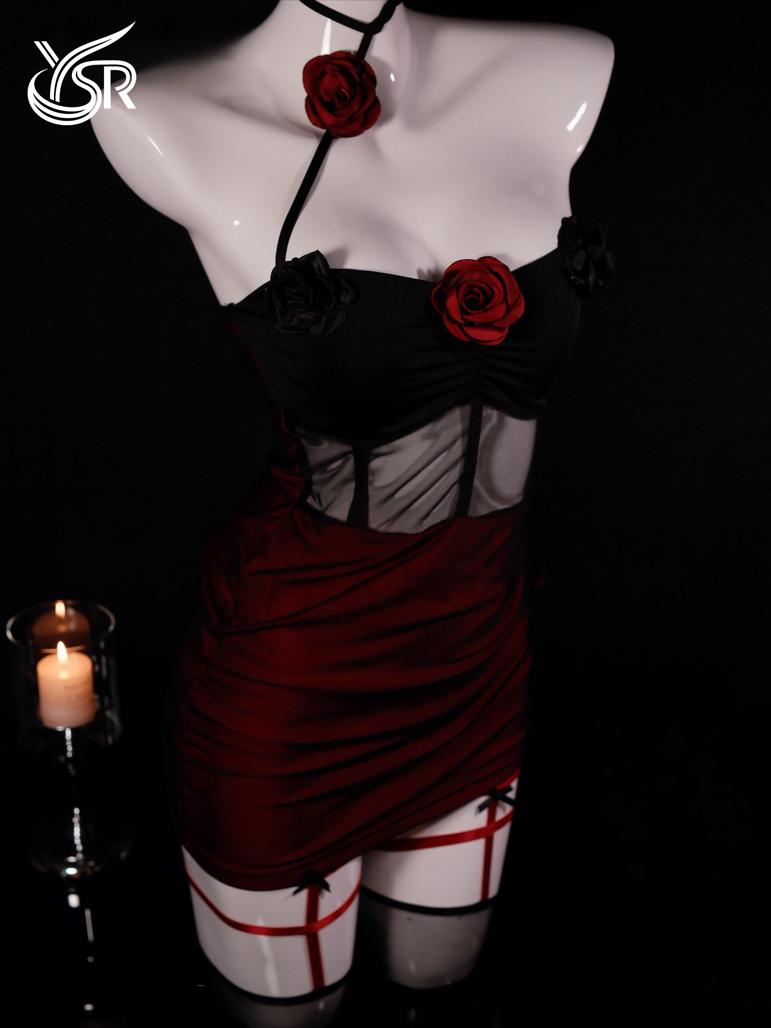 YSR Night Rose Lace Mesh Off-Shoulder Sleeveless Lace-up Sexy Fitted Nightgown Pure Desire Eroticwear