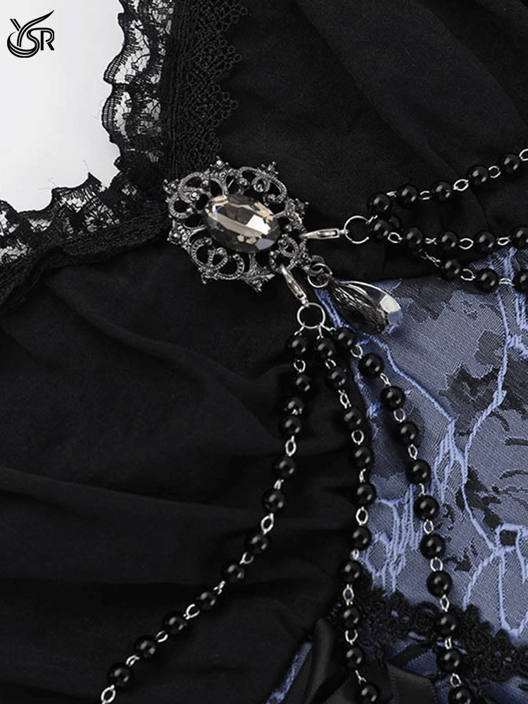 Dark retro gothic lace patchwork jacquard suspender dress
