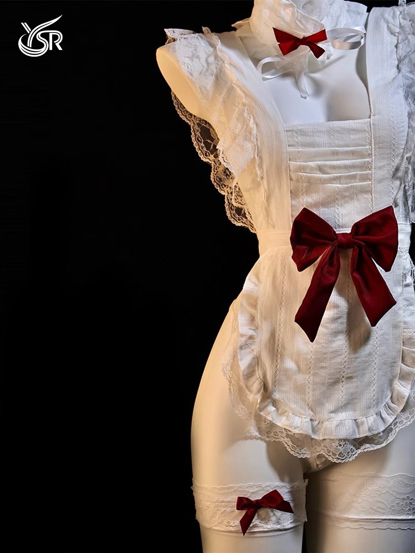 Sexy sleepwear, maid uniform, see through bow nightgown, cosplay, high-end kitchen maid lingerie