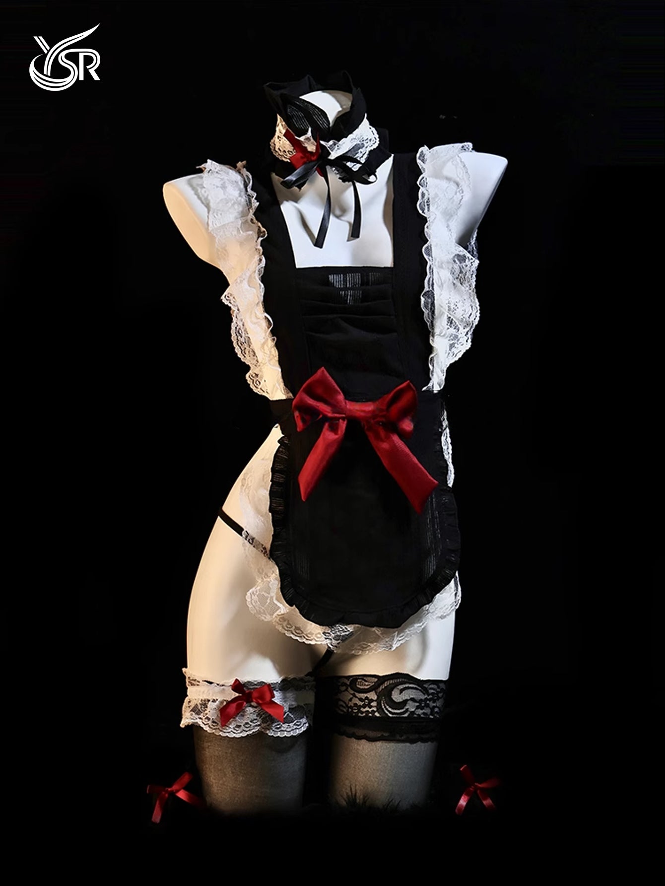 Sexy sleepwear, maid uniform, see through bow nightgown, cosplay, high-end kitchen maid lingerie