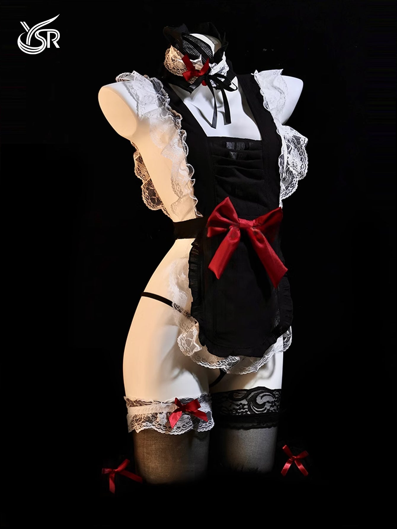 Sexy sleepwear, maid uniform, see through bow nightgown, cosplay, high-end kitchen maid lingerie
